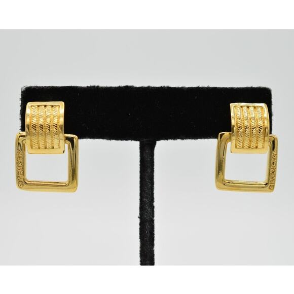 Givenchy Vintage Logo Earrings Gold Belt Buckle Dangle Square Runway Signed BinH - Picture 1 of 9